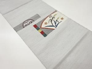 手織り紬横段に小花・薄・抽象模様織出し名古屋帯